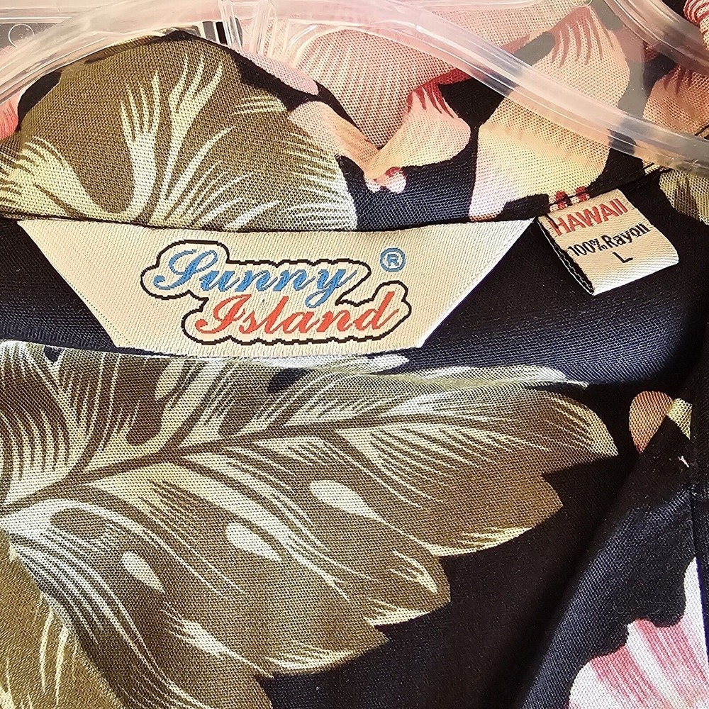 Sunny Island Shirt Mens Large Hawaiian Tropical Flowers Black Button Down - Picture 2 of 7